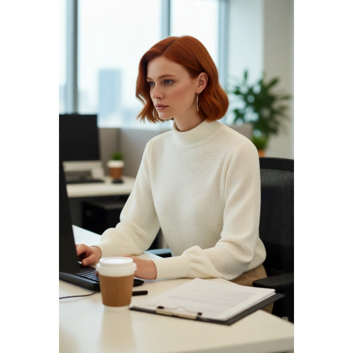 Kadın Basic Siluet Dik Yaka Uzun Kol Akrilik Dokulu Regular Kalıp Triko Kazak Kış Sezonu Şıklığı