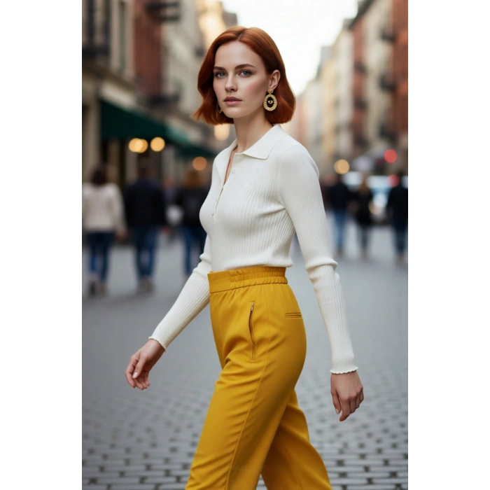 Kadın Basic Siluet Fitted Kesim Fitilli Dokulu Polo Yaka Triko Kazak Günlük Kullanım Kaliteli