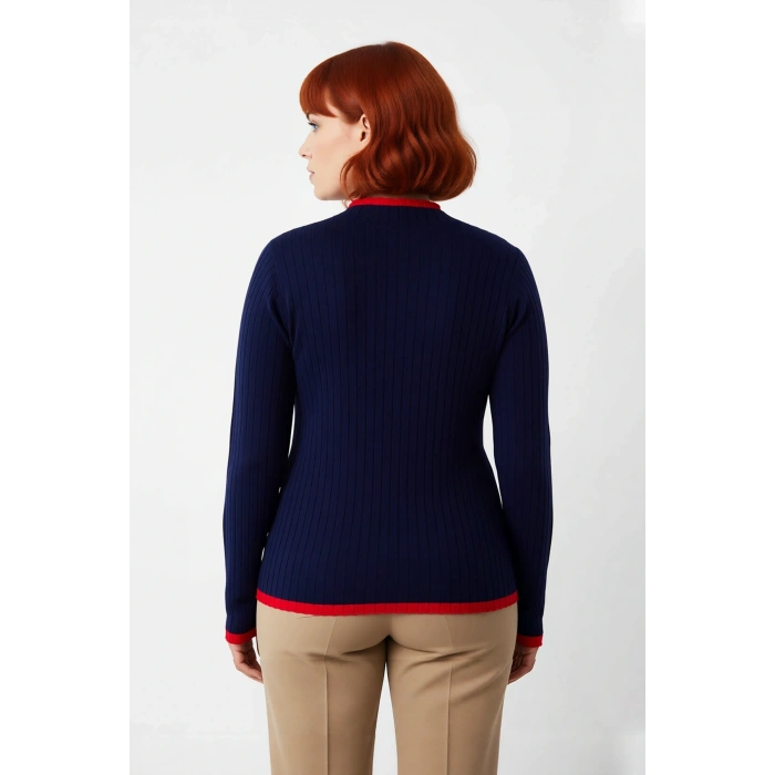 Kadın Basic Siluet İnce Akrilik Dokuma Fitilli Dik Yaka Triko Kazak Standart Uzun Kollu Model