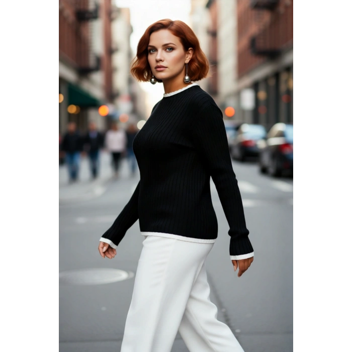 Kadın Basic Siluet İnce Akrilik Dokuma Fitilli Dik Yaka Triko Kazak Standart Uzun Kollu Model