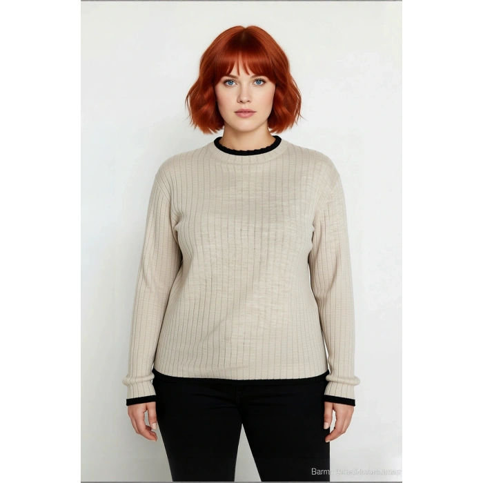 Kadın Basic Siluet İnce Akrilik Dokuma Fitilli Dik Yaka Triko Kazak Standart Uzun Kollu Model