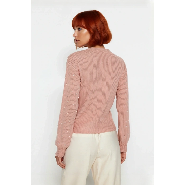 Kadın Basic Siluet İnci Detaylı Bisiklet Yaka Triko Kazak Düşük Kol Rahat Giyim Stili Kaliteli