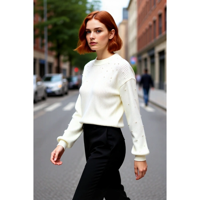 Kadın Basic Siluet İnci Detaylı Bisiklet Yaka Triko Kazak Düşük Kol Rahat Giyim Stili Kaliteli