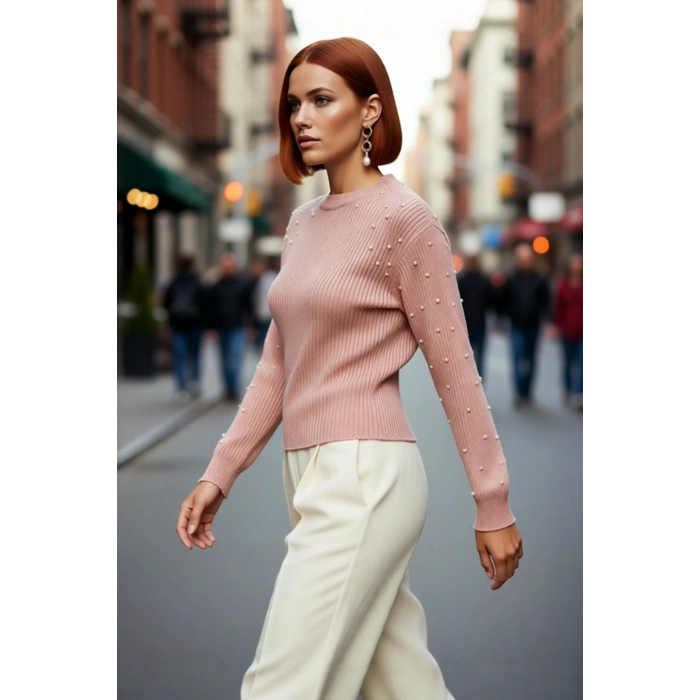 Kadın Basic Siluet İnci Detaylı Bisiklet Yaka Triko Kazak Düşük Kol Rahat Giyim Stili Kaliteli