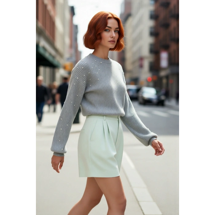 Kadın Basic Siluet İnci Detaylı Bisiklet Yaka Triko Kazak Düşük Kol Rahat Giyim Stili Kaliteli