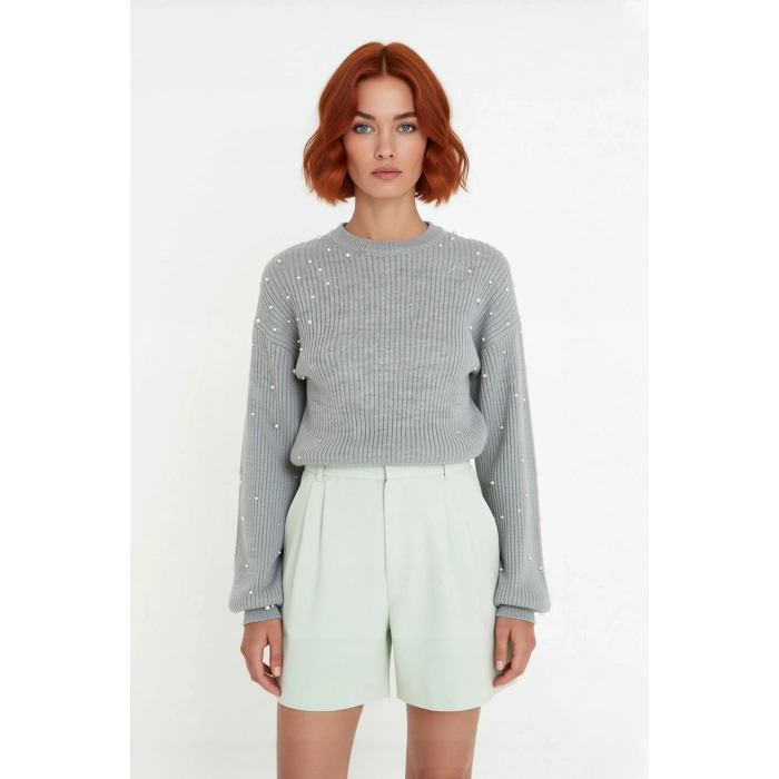 Kadın Basic Siluet İnci Detaylı Bisiklet Yaka Triko Kazak Düşük Kol Rahat Giyim Stili Kaliteli