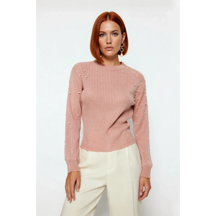 Kadın Basic Siluet İnci Detaylı Bisiklet Yaka Triko Kazak Düşük Kol Rahat Giyim Stili Kaliteli