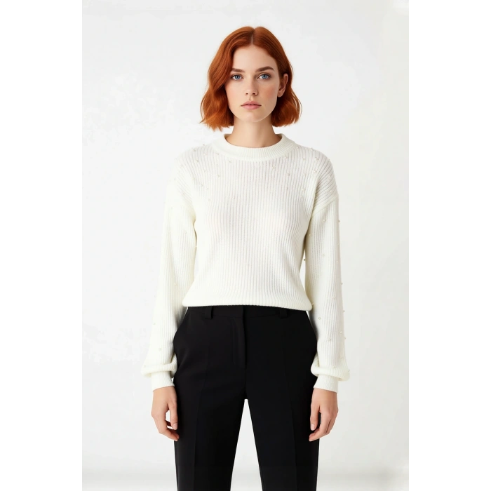 Kadın Basic Siluet İnci Detaylı Bisiklet Yaka Triko Kazak Düşük Kol Rahat Giyim Stili Kaliteli