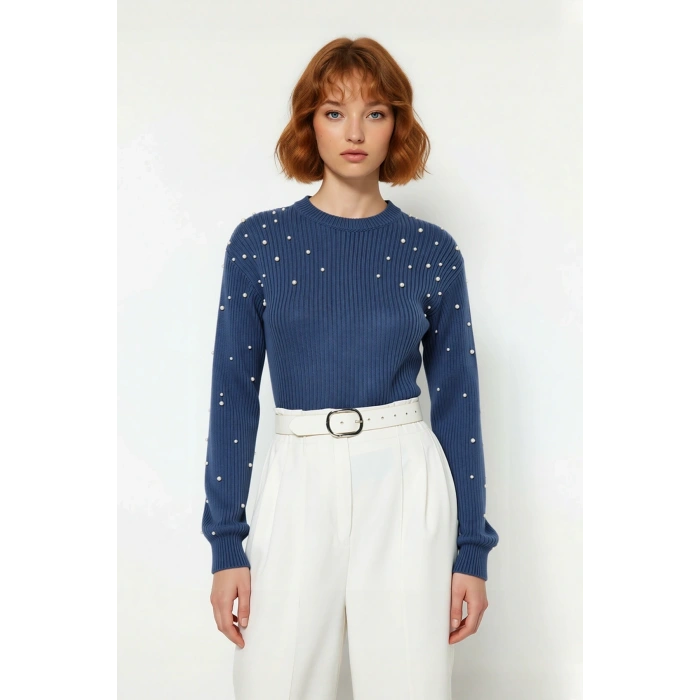 Kadın Basic Siluet İnci Detaylı Bisiklet Yaka Triko Kazak Düşük Kol Rahat Giyim Stili Kaliteli