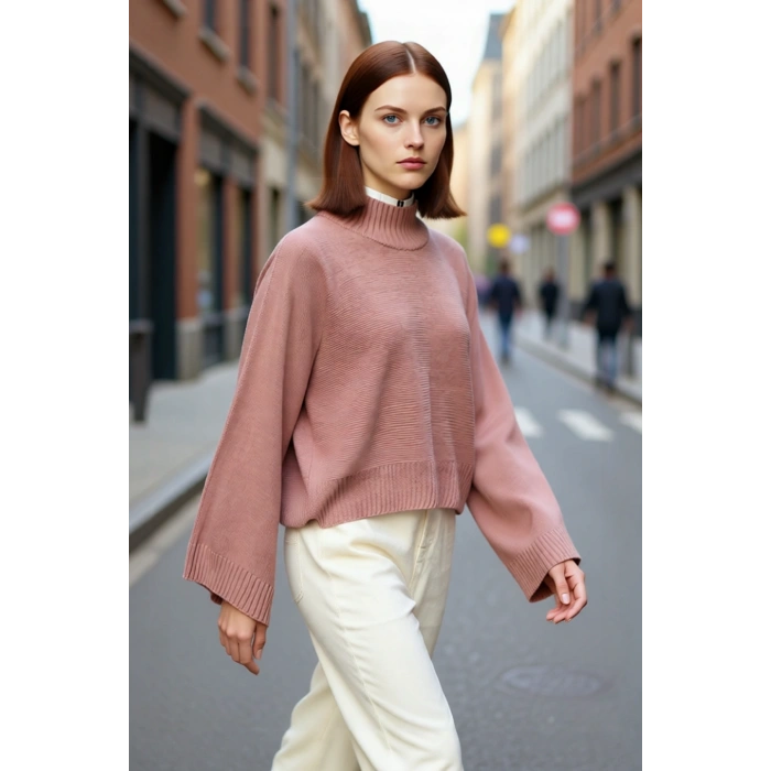 Kadın Basic Siluet Oversize Dik Yaka İspanyol Kol Akrilik Triko Kazak Konforlu Ve Modern Kaliteli