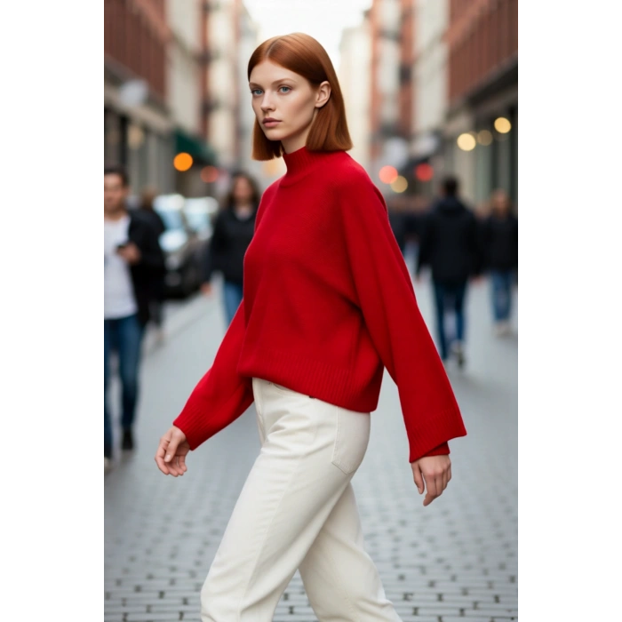 Kadın Basic Siluet Oversize Dik Yaka İspanyol Kol Akrilik Triko Kazak Konforlu Ve Modern Kaliteli