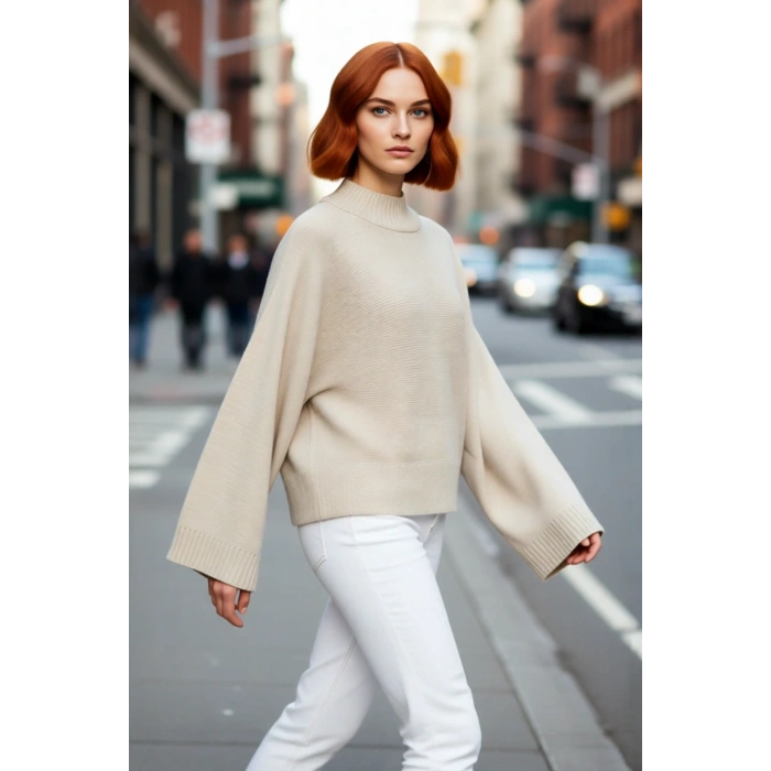 Kadın Basic Siluet Oversize Dik Yaka İspanyol Kol Akrilik Triko Kazak Konforlu Ve Modern Kaliteli