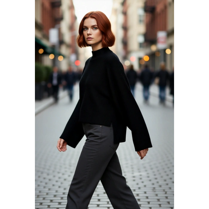 Kadın Basic Siluet Oversize Dik Yaka İspanyol Kol Akrilik Triko Kazak Konforlu Ve Modern Kaliteli