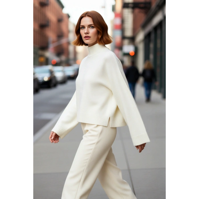 Kadın Basic Siluet Oversize Dik Yaka İspanyol Kol Akrilik Triko Kazak Konforlu Ve Modern Kaliteli