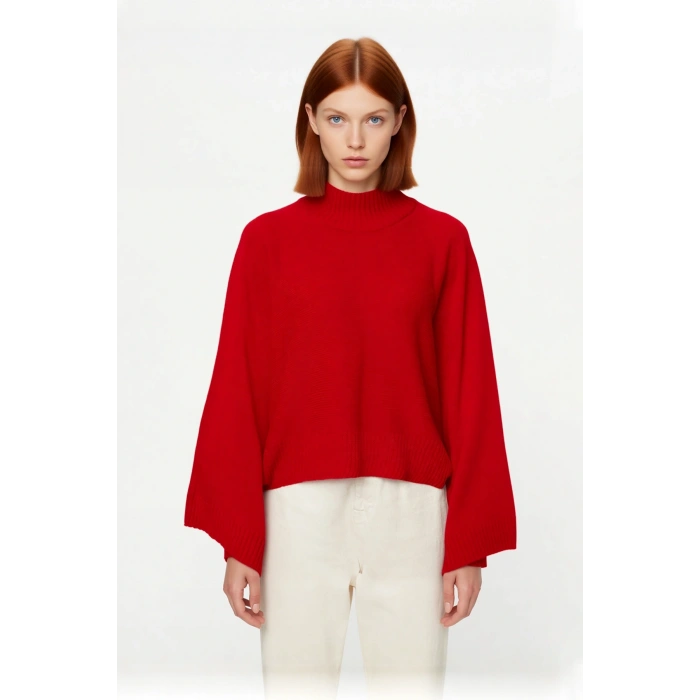 Kadın Basic Siluet Oversize Dik Yaka İspanyol Kol Akrilik Triko Kazak Konforlu Ve Modern Kaliteli