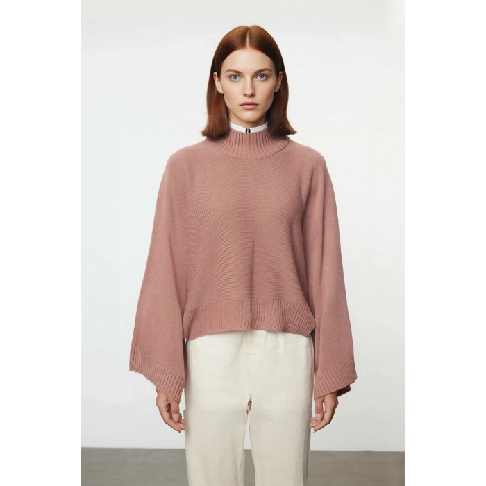 Kadın Basic Siluet Oversize Dik Yaka İspanyol Kol Akrilik Triko Kazak Konforlu Ve Modern Kaliteli