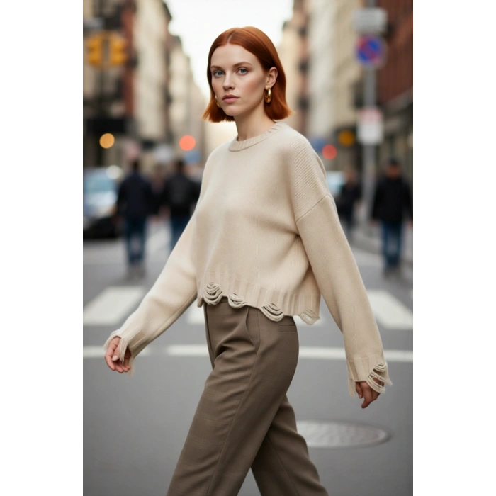 Kadın Basic Siluet Oversize Triko Kazak Crop Düşük Kol Akıtma Detaylı Soğuk Havalar İçin İdeal