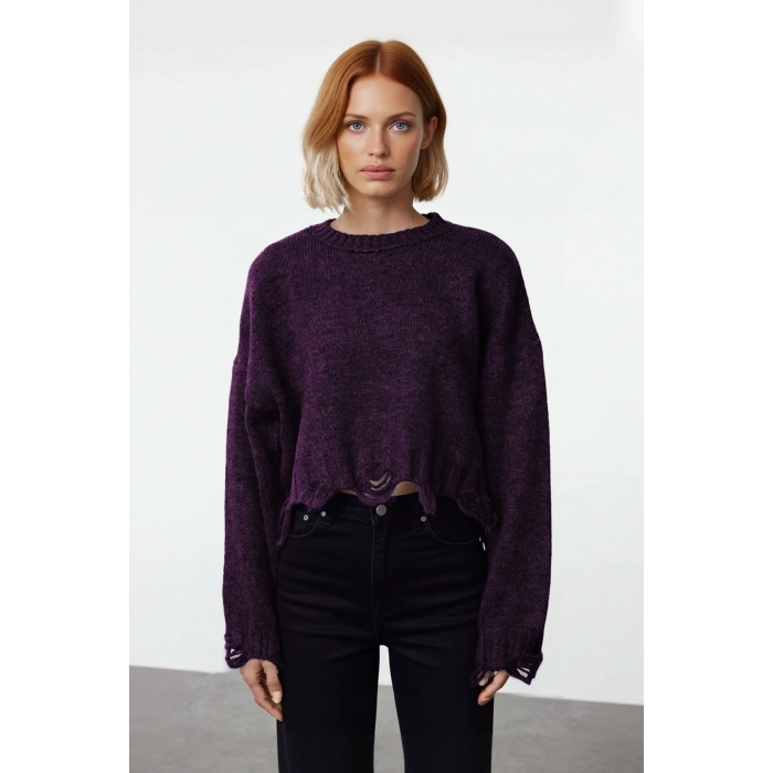 Kadın Basic Siluet Oversize Triko Kazak Crop Düşük Kol Akıtma Detaylı Soğuk Havalar İçin İdeal