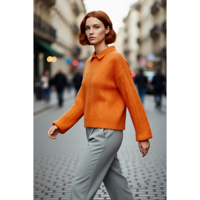 Kadın Basic Siluet Regular Boy Akrilik Saç Örgü Desenli Polo Yaka Uzun Düşük Kol Triko Kazak