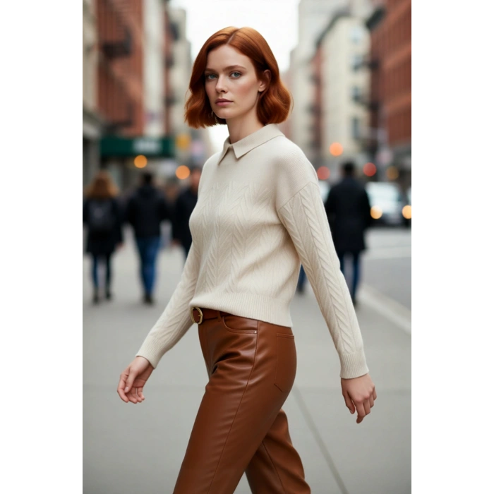 Kadın Basic Siluet Regular Boy Akrilik Saç Örgü Desenli Polo Yaka Uzun Düşük Kol Triko Kazak