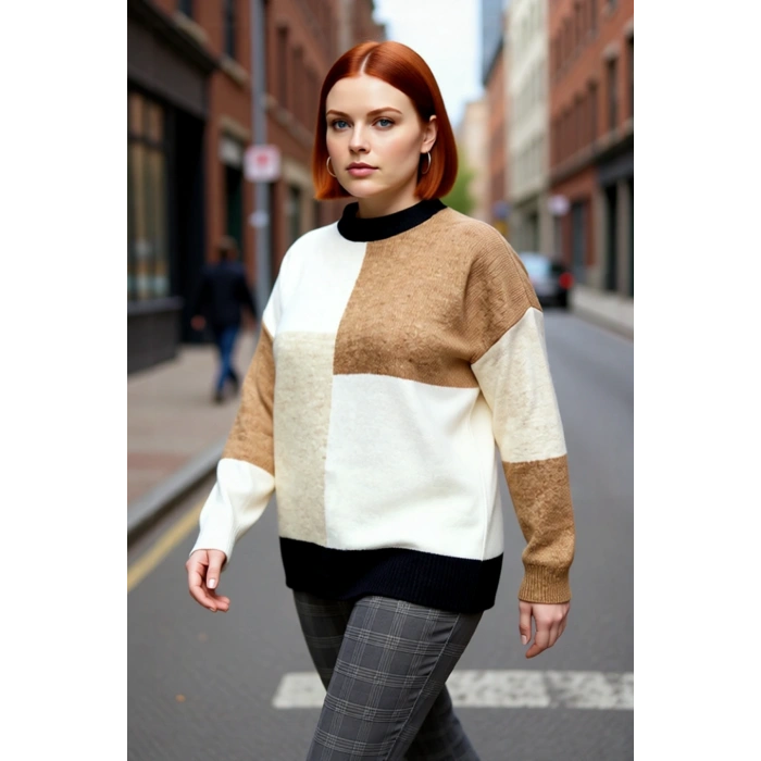 Kadın Basic Siluet Renk Bloklu Bisiklet Yaka Uzun Kollu Orta Kalın Triko Kazak Günlük Kullanım