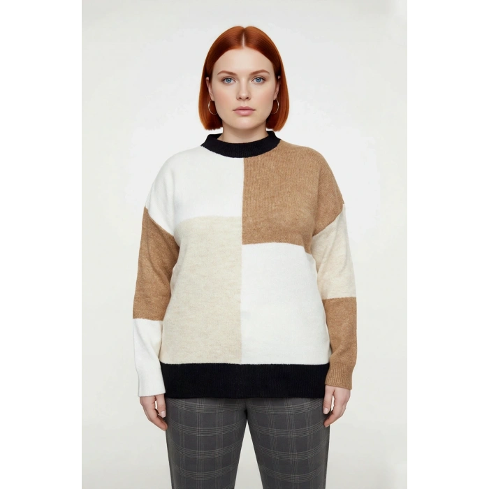 Kadın Basic Siluet Renk Bloklu Bisiklet Yaka Uzun Kollu Orta Kalın Triko Kazak Günlük Kullanım