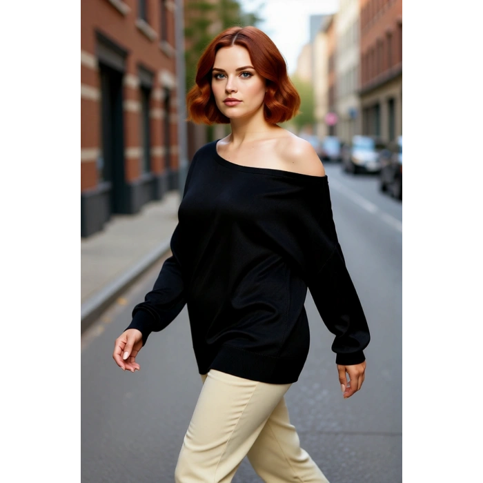 Kadın Basic Siluet Standart Kol Carmen Yaka Triko Kazak Günlük Kombinler İçin Çok Yönlü Kaliteli