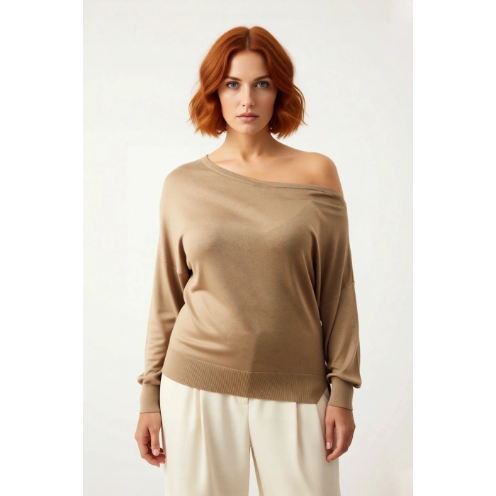 Kadın Basic Siluet Standart Kol Carmen Yaka Triko Kazak Günlük Kombinler İçin Çok Yönlü Kaliteli