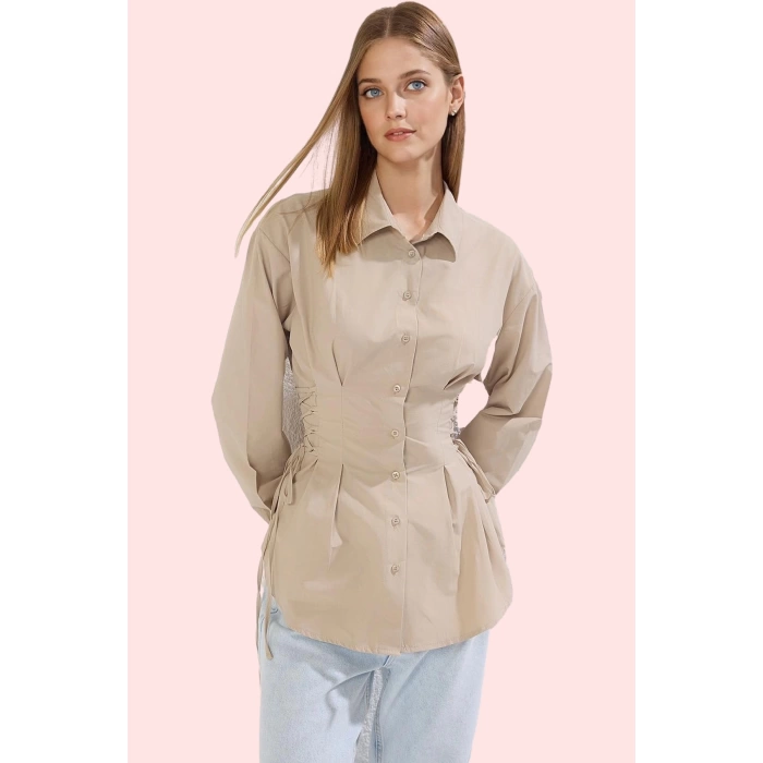 Kadın Basic Siluet Terrycotton Dokuma Gömlek Uzun Kollu Yaka Düz Desen Rahat Günlük Hafta Sonu