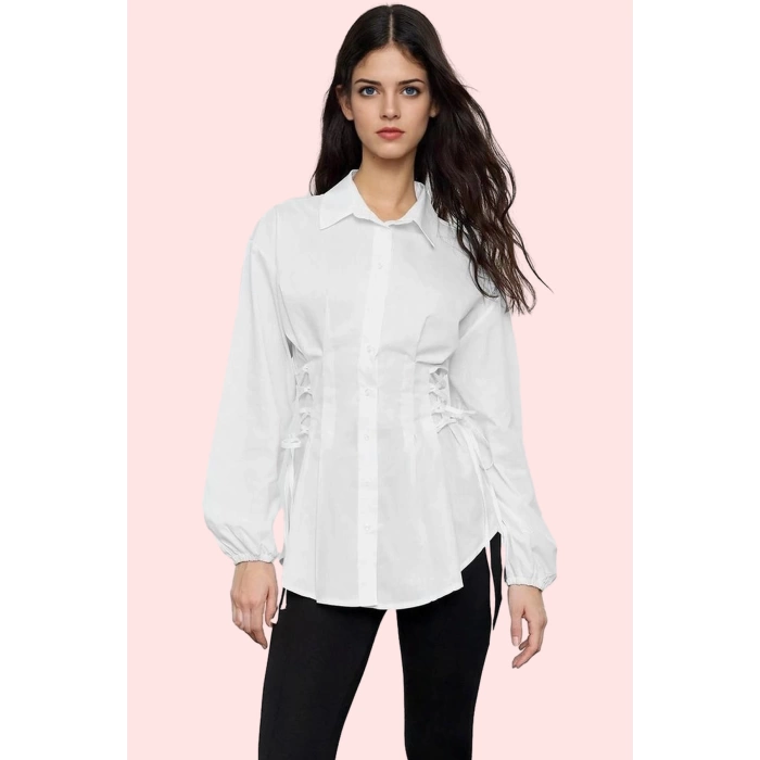Kadın Basic Siluet Terrycotton Dokuma Gömlek Uzun Kollu Yaka Düz Desen Rahat Günlük Hafta Sonu