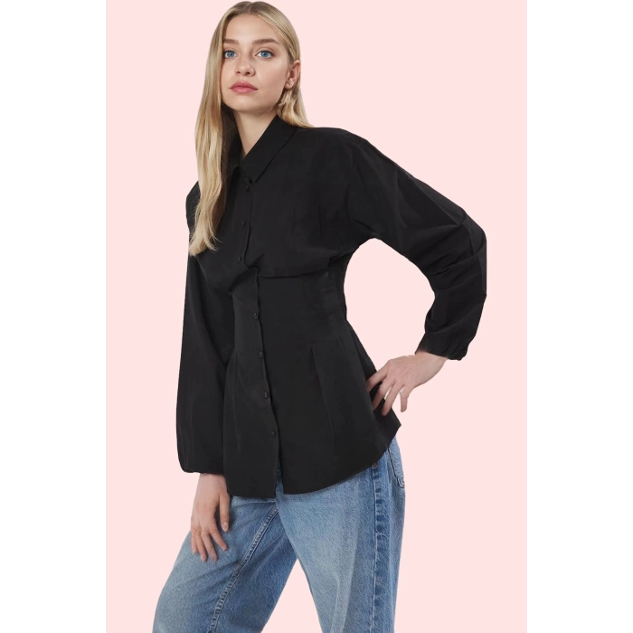 Kadın Basic Siluet Terrycotton Dokuma Gömlek Uzun Kollu Yaka Düz Desen Rahat Günlük Hafta Sonu