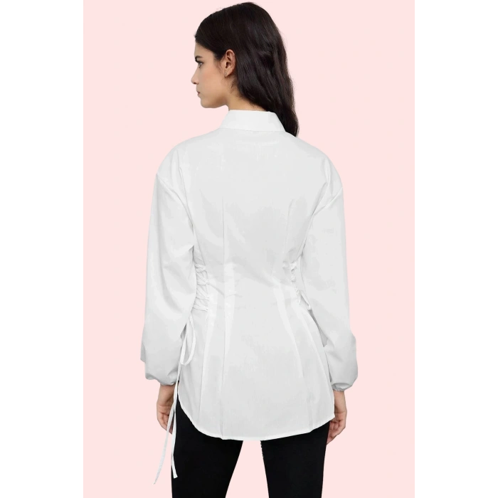 Kadın Basic Siluet Terrycotton Dokuma Gömlek Uzun Kollu Yaka Düz Desen Rahat Günlük Hafta Sonu