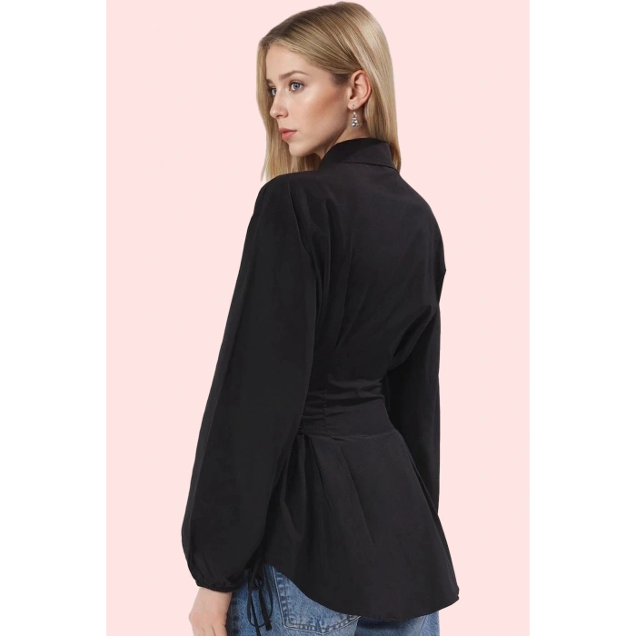 Kadın Basic Siluet Terrycotton Dokuma Gömlek Uzun Kollu Yaka Düz Desen Rahat Günlük Hafta Sonu