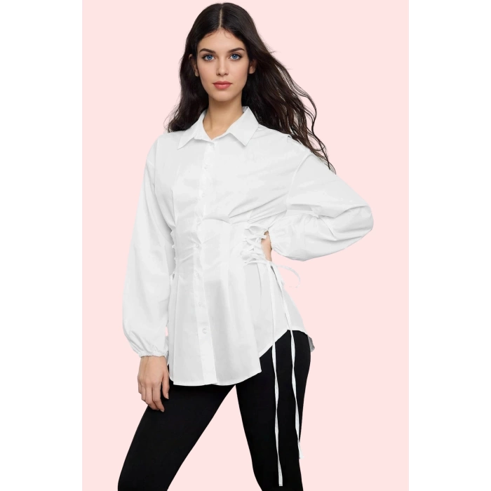 Kadın Basic Siluet Terrycotton Dokuma Gömlek Uzun Kollu Yaka Düz Desen Rahat Günlük Hafta Sonu