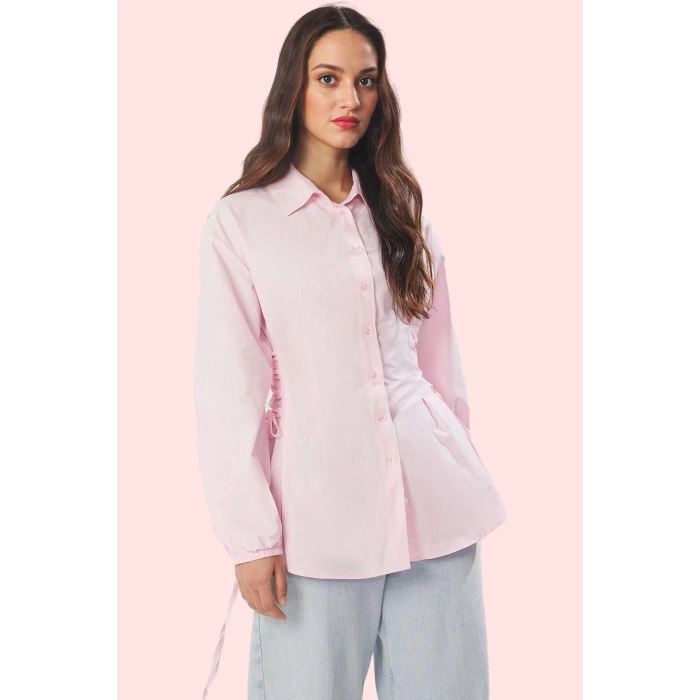Kadın Basic Siluet Terrycotton Dokuma Gömlek Uzun Kollu Yaka Düz Desen Rahat Günlük Hafta Sonu