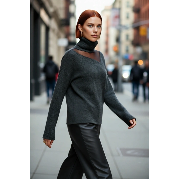 Kadın Basic Siluet Triko Kazak Düşük Kol Choker Yaka Tül Detaylı Kış Stiline Modern Dokunuş