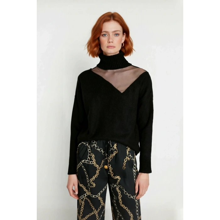 Kadın Basic Siluet Triko Kazak Düşük Kol Choker Yaka Tül Detaylı Kış Stiline Modern Dokunuş