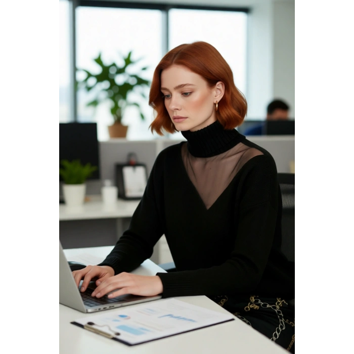 Kadın Basic Siluet Triko Kazak Düşük Kol Choker Yaka Tül Detaylı Kış Stiline Modern Dokunuş