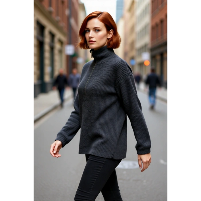 Kadın Basic Siluet Uzun Boy Düz Desen Rahat Kesim Kalın Triko Kazak Kış Kombinleri İçin Kaliteli