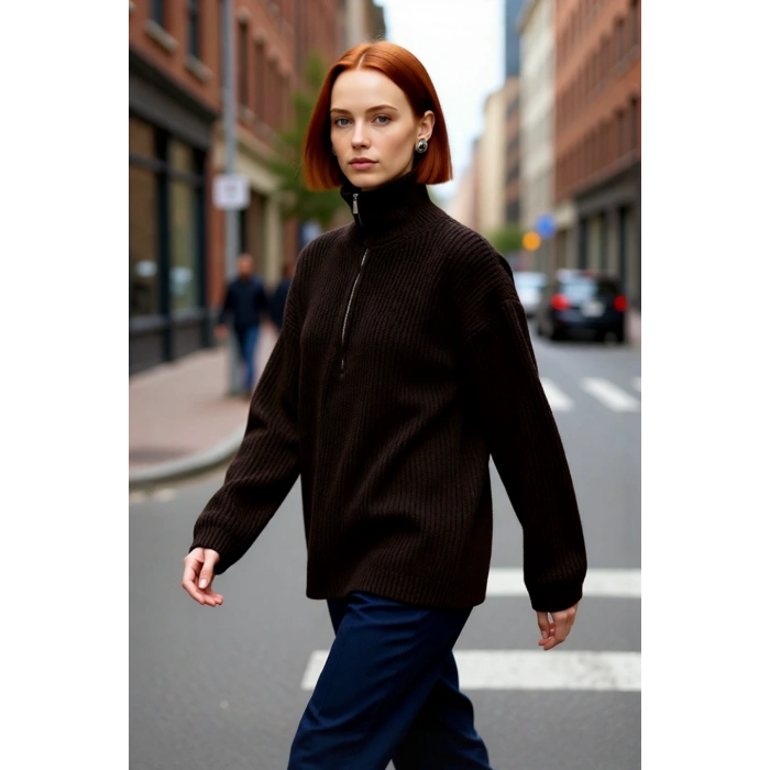 Kadın Basic Siluet Uzun Boy Düz Desen Rahat Kesim Kalın Triko Kazak Kış Kombinleri İçin Kaliteli