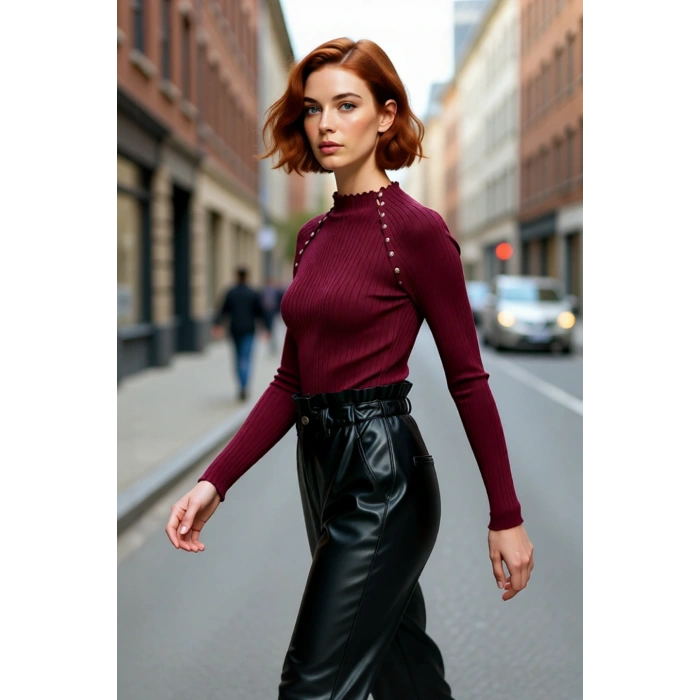 Kadın Basic Siluet Uzun Kol Triko Kazak Modern Dik Yaka Aksesuar Detaylı Gündüz Gece Kaliteli