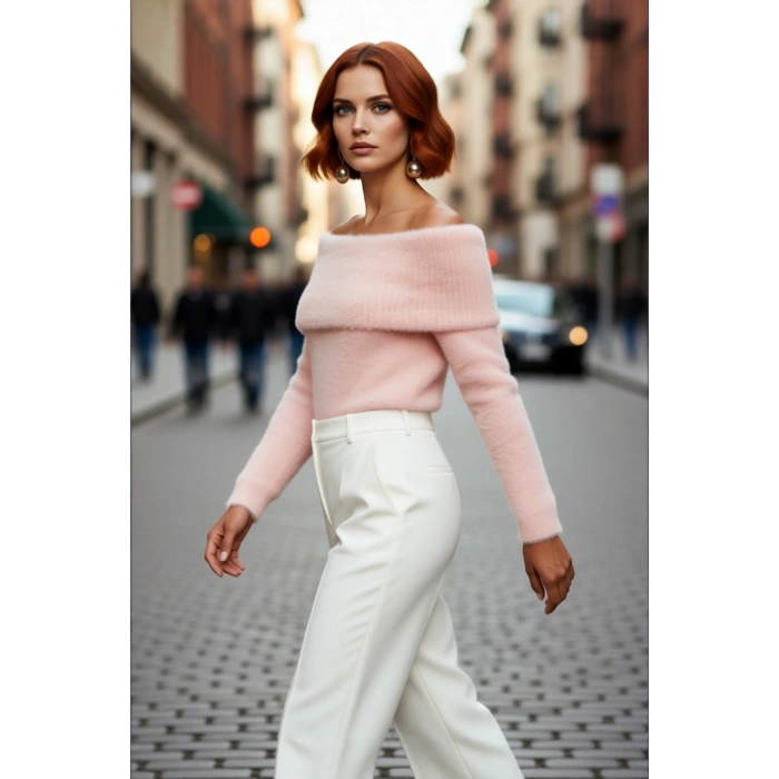 Kadın Basic Siluet Uzun Kollu Carmen Yaka Ekru Regular Kalıp Crop Triko Kazak Kış Gündüz Gece