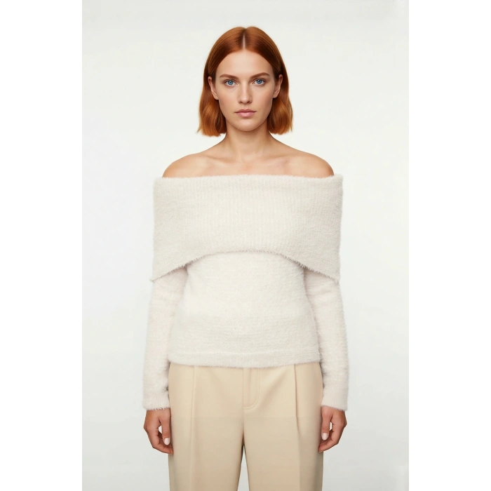 Kadın Basic Siluet Uzun Kollu Carmen Yaka Ekru Regular Kalıp Crop Triko Kazak Kış Gündüz Gece