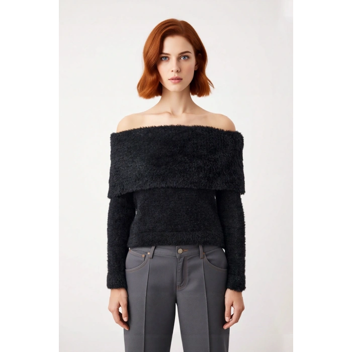 Kadın Basic Siluet Uzun Kollu Carmen Yaka Ekru Regular Kalıp Crop Triko Kazak Kış Gündüz Gece