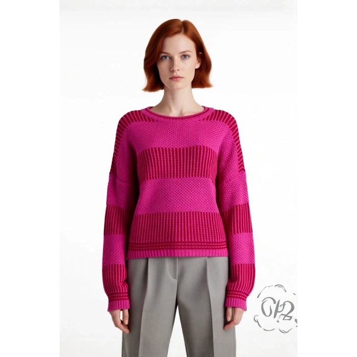 Kadın Basic Siluet Uzun Kollu Oversize Kesim Renk Bloklu Pike Dokuma Triko Kazak Kış Kombinlerinin