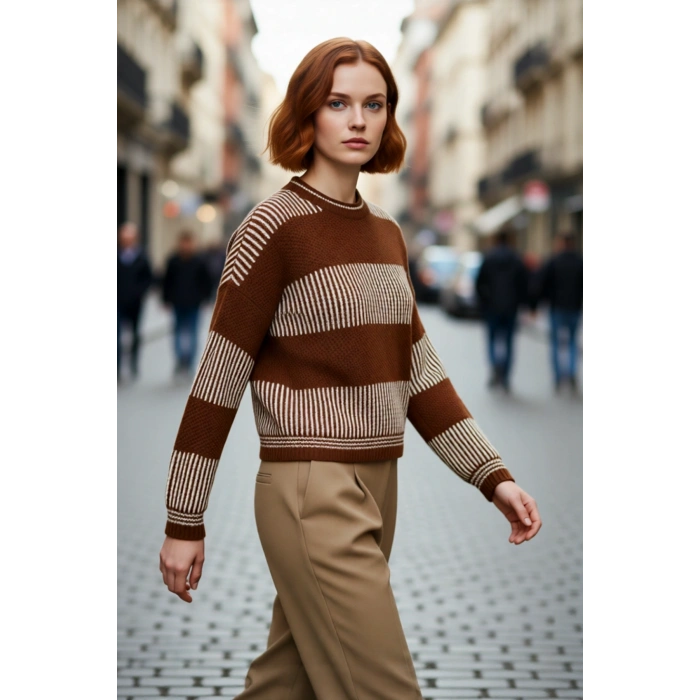 Kadın Basic Siluet Uzun Kollu Oversize Kesim Renk Bloklu Pike Dokuma Triko Kazak Kış Kombinlerinin