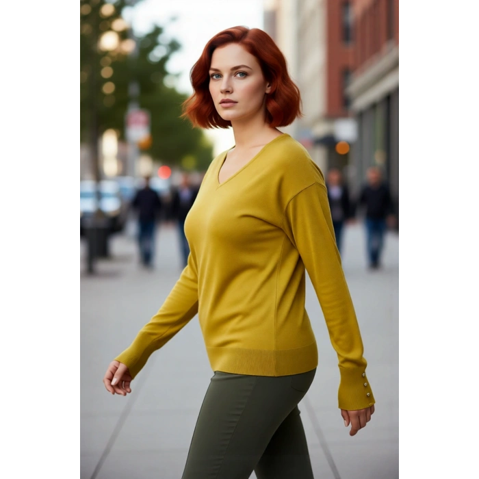 Kadın Basic Siluet Uzun Kollu V Yaka Triko Kazak Gündelik Kullanıma Uygun Akrilik Materyal