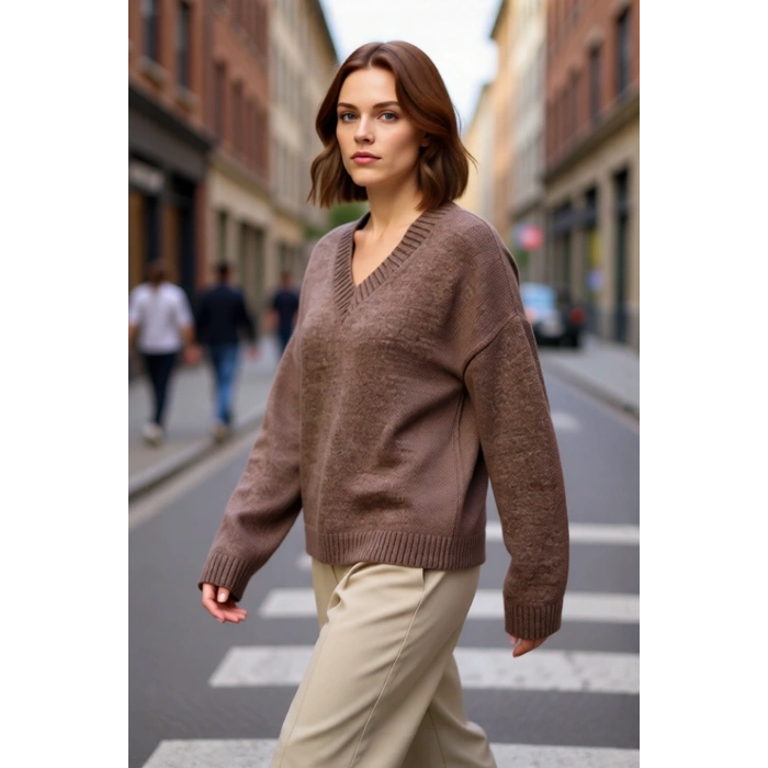 Kadın Basic Triko Kazak Geniş Kalıbı ve V Yaka Detayıyla Kışın Şık Rahat Kombinler Sunar