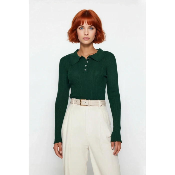 Kadın Basic Uzun Kollu Triko Polo Yaka Kazak Akrilik Materyal İlkbahar Sonbahar Günlük Şıklık