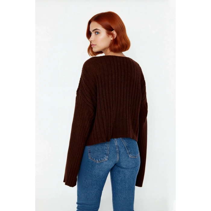 Kadın Basic V Yaka Geniş Kalıp Uzun Kollu Yünlü Triko Kazak Fitilli Dokusuyla Gün Boyu Konfor Sunar